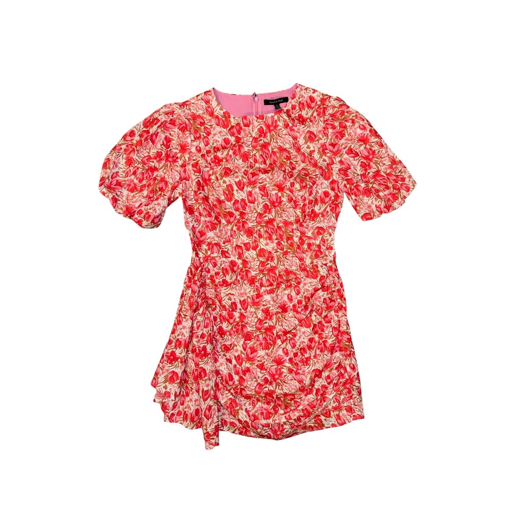 Strut & Bolt Mini Dress Womens Size M Pink Floral Tulip NWT Puff Sleeve Ruched